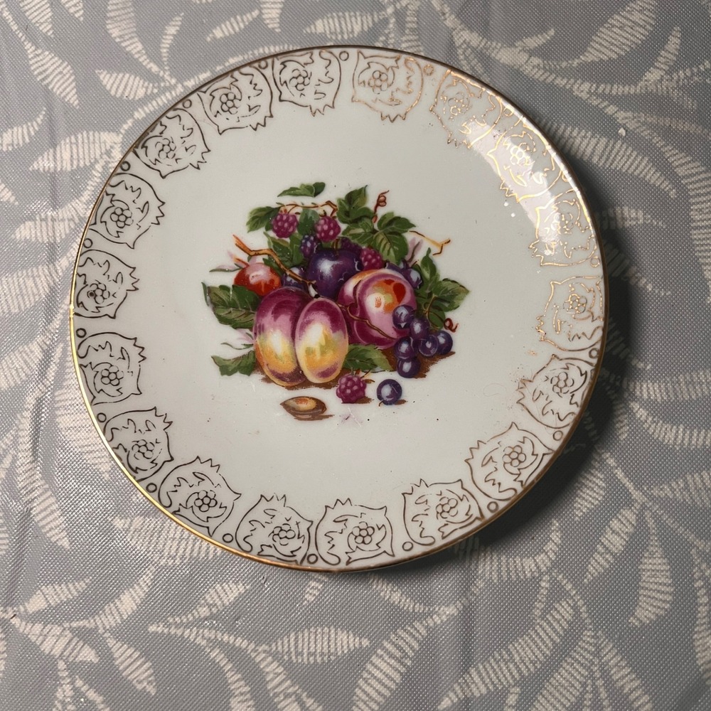 Vintage Porcelain Fruit Plate Gold Filigree Rim Gilded Edge Decor 4.75 Inch